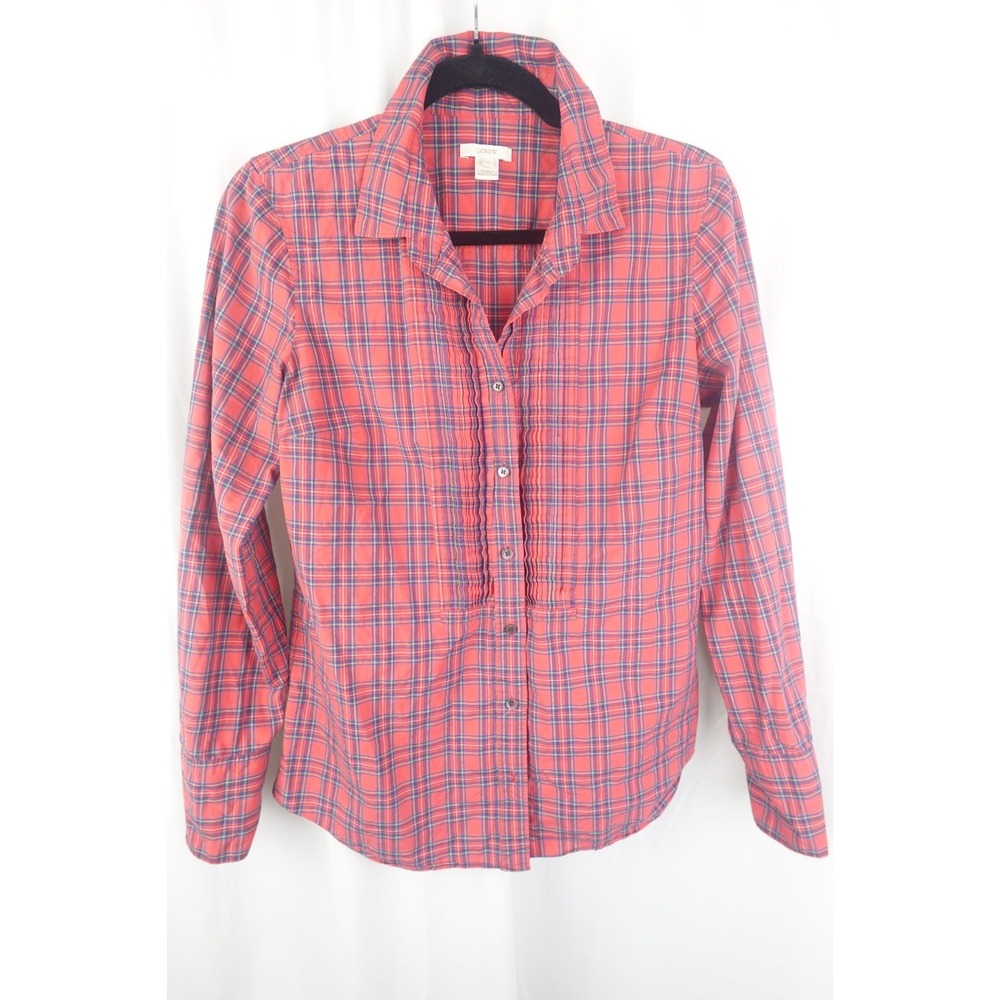 J.Crew Plaid Pintuck Shirt Women's‎ Size 6 Pink Blue Cotton Preppy Casual